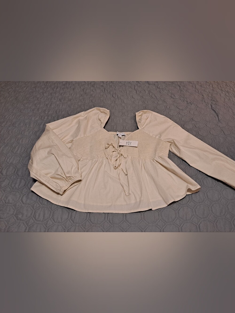 And Now This Cream Smocked Peasant Blouse with Tie Front - Women Sz XL